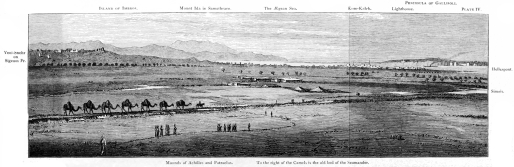 ISLAND OF IMBROS. Mount Ida in Samothrace. The Ægean Sea. Kum-Kaleh. Lighthouse. PENINSULA OF GALLIPOLI. Hellespont. Simois. To the right of the Camels is the old bed of the Scamander. Mounds of Achilles and Patroclus. Yeni-Shehr on Sigeum Pr.  VIEW OF THE NORTHERN PART OF THE PLAIN OF TROY, FROM THE HILL OF HISSARLIK.