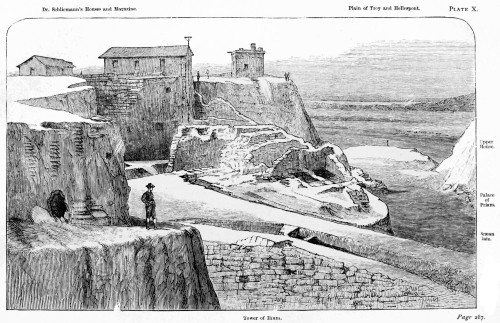 Dr. Schliemann’s Houses and Magazine.  Plain of Troy and Hellespont.  Tower of Ilium.  Page 287.  THE TOWER OF ILIUM, SCÆAN GATE, AND PALACE OF PRIAM.  Looking North along the cutting through the whole Hill.