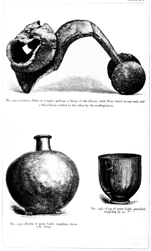 No. 236.—Curious Plate of Copper (perhaps a Hasp of the Chest), with Discs fixed on one end, and a Silver Vase welded to the other by the conflagration.  No. 237.—Bottle of pure Gold, weighing about 1 lb. Troy.  No. 238. Cup of pure Gold, panelled, weighing 7½ oz. Troy.  THE TREASURE OF PRIAM.  Page 325.  