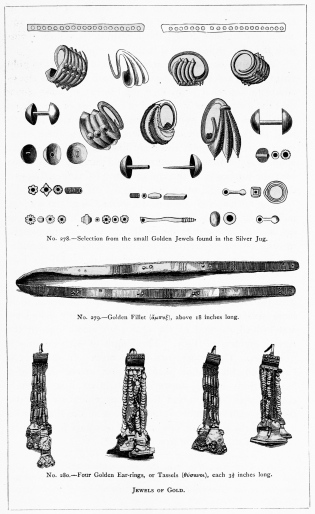 No. 278.—Selection from the small Golden Jewels found in the Silver Jug.  No. 279.—Golden Fillet (ἄμπυξ), above 18 inches long.  No. 280.—Four Golden Ear-rings, or Tassels (θύσανοι), each 3½ inches long.  JEWELS OF GOLD.  THE TREASURE OF PRIAM.  Page 336.  