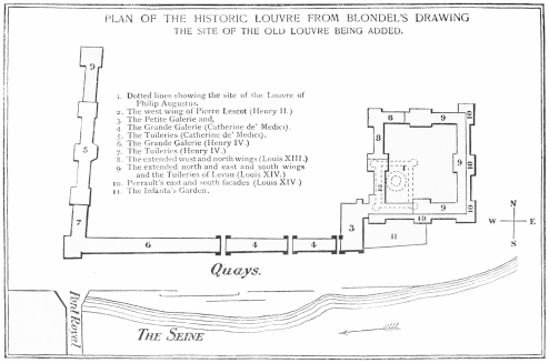 PLAN OF THE HISTORIC LOUVRE FROM BLONDEL’S DRAWING THE SITE OF THE OLD LOUVRE BEING ADDED.