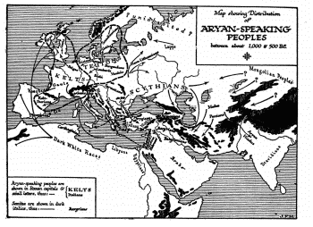 Map showing Distribution of  ARYAN-SPEAKING PEOPLES between about 1,000 & 500 B.C.