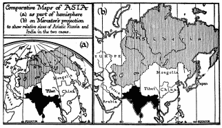 Comparative Maps of ASIA (a) as part of hemisphere (b) on Mercator’s projection to show relative sizes of Asiatic Russia and India in the two cases.