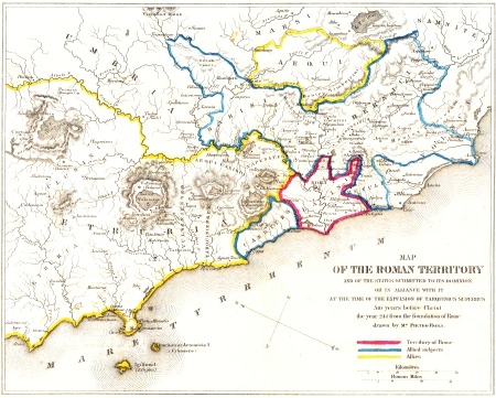 I MAP OF THE ROMAN TERRITORY AND OF THE STATES SUBMITTED TO ITS DOMINION OR IN ALLIANCE WITH IT AT THE TIME OF THE EXPULSION OF TARQUINUS SUPERBUS 510 years before Christ the year 244 from the foundation of Rome drawn by M^R. Pietro Rosa.