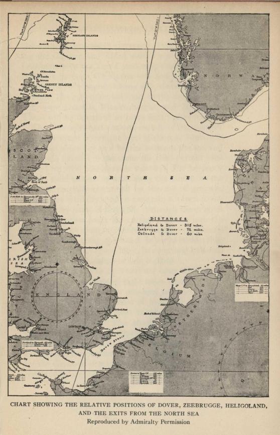 CHART SHOWING THE RELATIVE POSITIONS OF DOVER, ZEEBRUGGE, HELIGOLAND, AND THE EXITS FROM THE NORTH SEA.