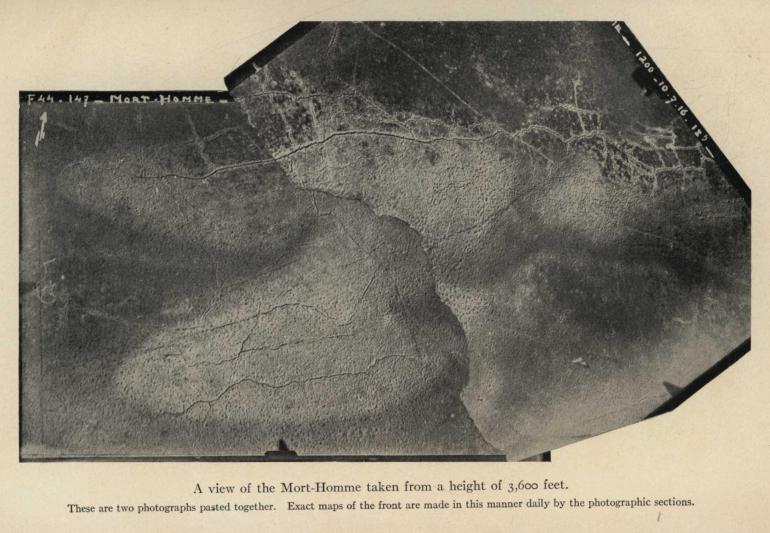 A view of the Mort-Homme taken from a height of 3,600 feet. These are two photographs pasted together. Exact maps of the front are made in this manner daily by the photographic sections.