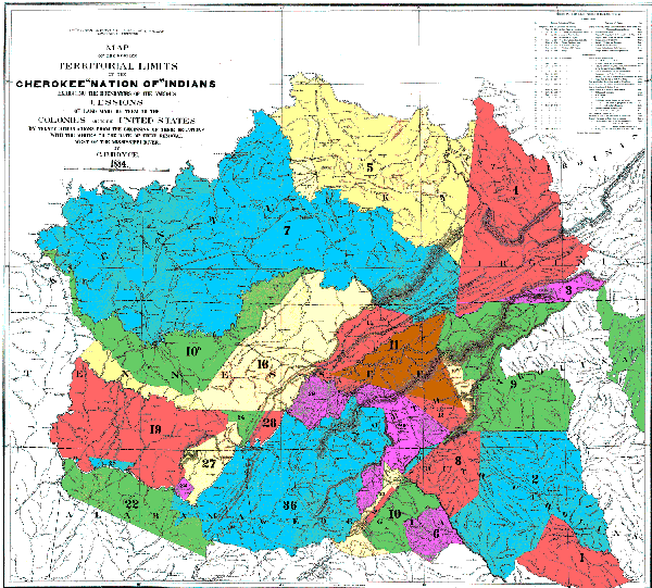 MAP OF THE FORMER TERRITORIAL LIMITS OF THE CHEROKEE "NATION OF" INDIANS EXHIBITING THE BOUNDARIES OF THE VARIOUS CESSIONS OF LAND MADE BY THEM TO THE COLONIES AND TO THE UNITED STATES BY TREATY STIPULATIONS, FROM THE BEGINNING OF THEIR RELATIONS WITH THE WHITES TO THE DATE OF THEIR REMOVAL WEST OF THE MISSISSIPPI RIVER.