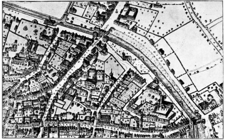 ALDGATE AND PRIORY OF THE HOLY TRINITY.  (From Newton’s Map of London.)