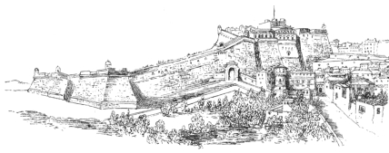 FORTRESS OF PAUL III. SHOWING THE UPPER PART NOW OCCUPIED BY THE PREFETTURA, ETC., AND THE LOWER WING WHICH COVERED THE SITE OF THE PRESENT PIAZZA D’ARMI  (From a water-colour sketch now in the possession of Madame Brufani at Perugia.)