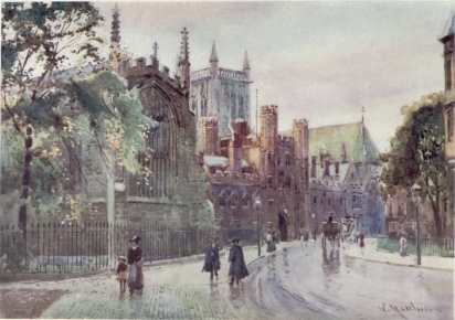 ST. JOHN’S COLLEGE GATEWAY AND TOWER FROM TRINITY STREET  Trinity Chapel is seen on the left behind the trees.