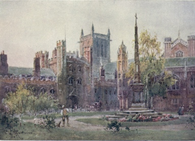 THE GATEWAY AND TOWER OF ST. JOHN’S COLLEGE  The Kirke White memorial is seen in the foreground, and behind it are the Divinity Schools; to the left is the Gateway of St. John’s, with the Tower behind it. The enclosed space in the foreground was formerly the site of All Saints’ Church, pulled down in 1865.