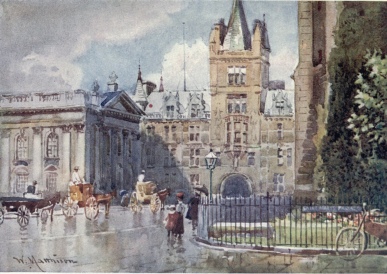 CAIUS COLLEGE AND THE SENATE HOUSE FROM ST. MARY’S PASSAGE  On the left is the Senate House, built 1772-30. The building facing the spectator is the South Front of Gonville and Caius College by Waterhouse (1870). Through the railings on the right is the Tower of Great St. Mary’s. The street is King’s Parade.