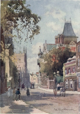 TRUMPINGTON STREET FROM PETERHOUSE  Part of the new buildings of Pembroke College are seen on the right, and the Tower of the Pitt Press, commonly called by undergraduates “The Freshers’ Church,” is seen in the distance. The entrance to Peterhouse is behind the tree on the left of the picture.