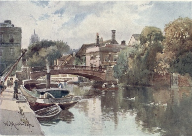 THE GREAT BRIDGE—BRIDGE ST.  This view is painted from the old Quay side. The water-gate of Magdalene College is seen on the right, and in the distance is the Tower in the New Court of St. John’s College rising above the tree-tops.