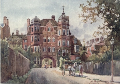 NEWNHAM COLLEGE, GATEWAY  This shows the east front, and is called the Pfeiffer Building. The whole of the buildings are in the Queen Anne style, and were designed by Basil Champneys. The Bronze Gates were placed here as a memorial to Miss Clough.