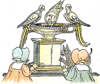 babies seeing dog and pigeons on birdbath