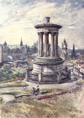 EDINBURGH FROM CALTON HILL  West from the Hill shows the picturesque and irregular mass of the Castle, immediately behind the classic monument to Dugald Stewart, which occupies the foreground of the picture. On the right of the monument and the south side of Princes Street appear in succession the tower of the North British Railway Hotel, and the monument to Sir Walter Scott. On the left of the picture is seen part of the Old Town, with the Imperial Crown of St. Giles’s, the spire of the Tolbooth Church, and the dome of the Bank of Scotland, forming a well-assorted trio. Under these, and over the railway, stretches the North Bridge; below lies the Calton Old burial-ground, with its obelisk. In the near foreground of the picture is a rustic stone seat much used by weary sightseers.