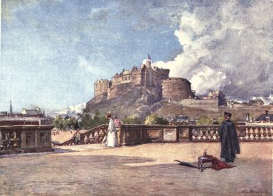 THE CASTLE FROM THE TERRACE OF HERIOT’S HOSPITAL  The opening in the terrace on the left of the picture shows a staircase descending to the playground of the school. Most of the Castle is seen, including the Half-Moon Battery, and part of the south retaining wall of the Esplanade. A figure in a master’s gown occupies the foreground.