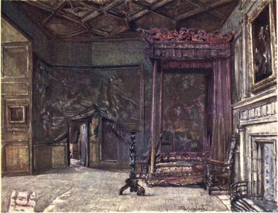 THE APARTMENTS OF MARY QUEEN OF SCOTS IN HOLYROOD PALACE  An ancient bed hung with faded crimson silk stands in Queen Mary’s bed-chamber, together with chairs and other furniture of a later date. Under the raised tapestry on the far side of the room is an open door, through which is entered the private supping-room of Queen Mary, and from which the Italian Rizzio was dragged to his death by the conspirators. They gained admittance to the apartments by the small door closely adjoining the supping-room. The ceiling of the bedroom is of wood, divided into panels, decorated with initials and coats-of-arms.