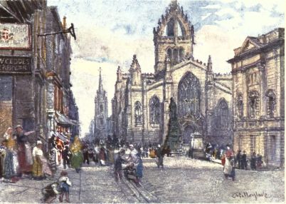 THE CHURCH OF ST. GILES FROM THE LAWNMARKET  The statue of the Duke of Buccleuch shows immediately under the tower of the Cathedral, backed by the modernised west end of the building. Farther down the High Street, to the east, is the Tron Church, while to the right of the picture is a portion of the new County Hall. On the extreme left is the entrance from Lawnmarket to Baxter’s Close, where Burns once lodged. (See “Lady Stair’s Close.”)