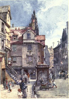 JOHN KNOX’S HOUSE, HIGH STREET  To the left of the square stone water-conduit, which occupies the centre of the picture, is seen the west front of this picturesque structure, and still farther to the left a “fore-stair” of a building which may be of an earlier date than the one known as John Knox’s House. The opening into the Canongate to the right of the picture is St. Mary Street.