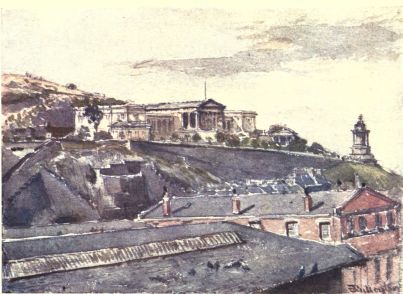 THE HIGH SCHOOL AND BURNS’S MONUMENT FROM JEFFREY STREET  To the left of the picture, over a roof in the foreground, appears part of the tunnel of the North British Railway, above which rises that fine classic building, the (modern) High School. It stands on the southern slope of the Calton Hill, a portion of which is seen to the extreme left. On the extreme right is the monument to Robert Burns.