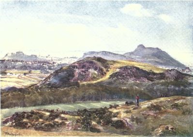 ARTHUR’S SEAT FROM THE BRAID HILLS  In the immediate foreground is a portion of the Braid Hills; farther on the Blackford Hill with the shelter on its highest point, and at the end of the slope to the right the New Royal Observatory. To the left are part of Edinburgh, the mass of the Castle, and the shores of Fife. The Salisbury Crags and “Lion” of Arthur’s Seat are above all.