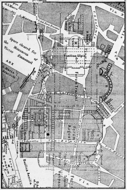 Plan of that part of Rome which contains the Imperial Fora. Shaded parts are those covered by modern buildings.