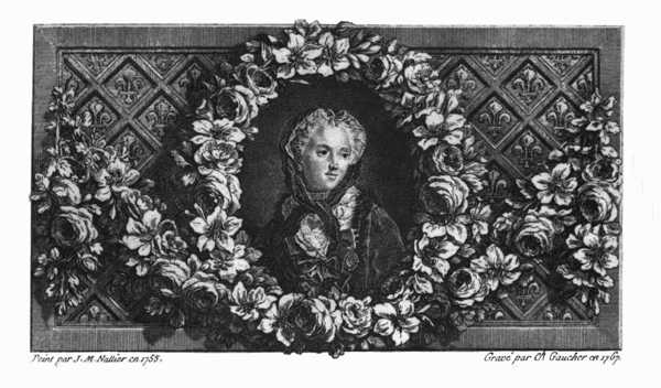 Vignette above the dedication to Queen Marie Leczinska in “Nouvel abrégé chronologique de l’histoire de France, etc.” by Président Hénault, 1768. The portrait is engraved by Gaucher after Nattier and the setting is by Choffard.