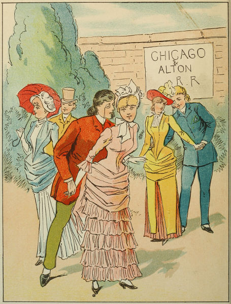 Gentlemen courting ladies by a sign for the Chicago & Alton R. R.
