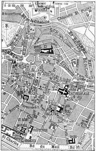 CENTRE OF AMIENS  1. Place Samarobrive. 2. Rue Pingré. 3. Rue des Chaudronniers. 4. Passage Gossart. 5. Rue St.-Martin.  6. Rue du Bloc. 7. Rue St. Firmin the Confessor. 8. Rue de la Malmaison. 9. Rue de Metz-l’Évêque.  A—Old Water-Works (Museum); B—Hôtel Morgan de Belloy; D—St. Germain’s Church; E—Belfry; F—House of the White Gable; H—Hôtel de Ville; K—Archer’s house; L—Bailliage; S—Logis du Gouverneur du Roi. 