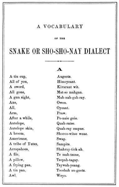 A Vocabulary of the Snake, or, Sho-Sho-Nay Dialect by Joseph A. Gebow, Interpreter. Second Edition, Revised and Improved, January 1st, 1864.