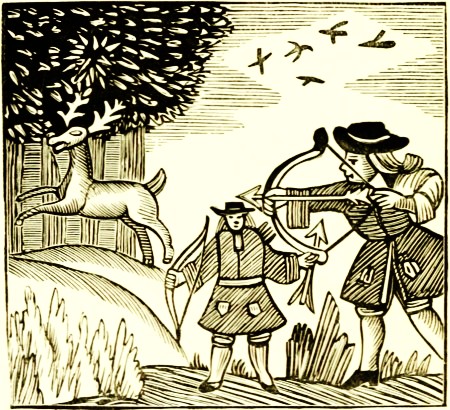 Woodcut of a man hunting a deer with bow and arrow