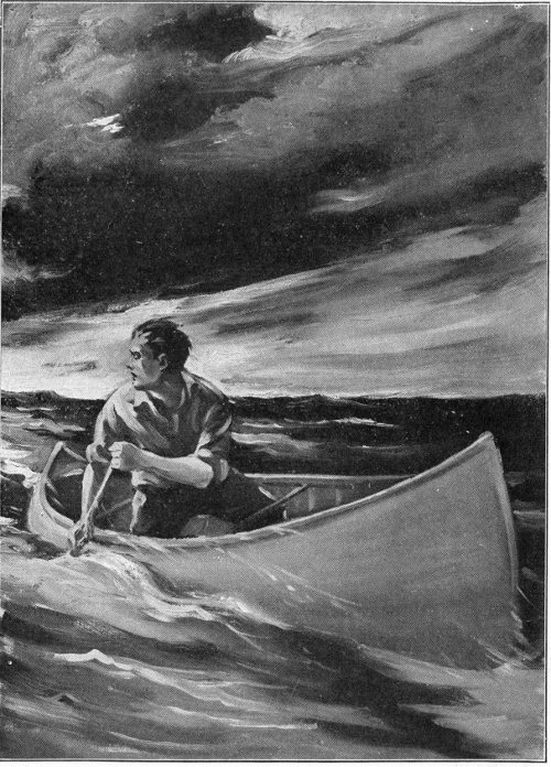 A hundred yards from shore he hazarded a backward glance, and saw the wind sweeping across the bay, a line of turbulent tossing spray. (Page 60) Frontispiece.