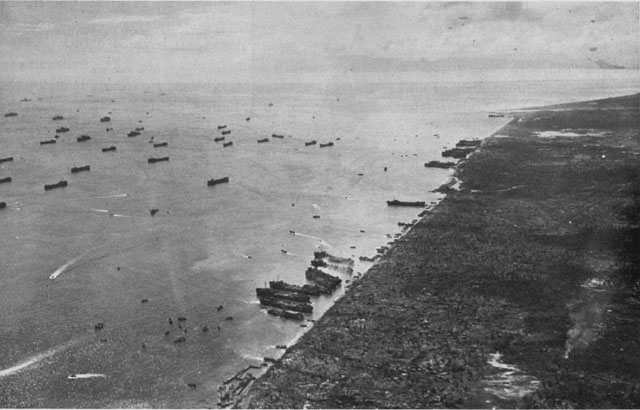 LANDING BEACHES. White Beach is in the foreground, with Red Beach, bounded by the Palo River, beyond.