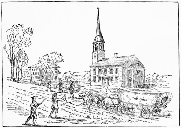 DR. CUTLER’S CHURCH AND PARSONAGE AT IPSWICH HAMLET, 1787. THE PLACE FROM WHICH THE FIRST COMPANY STARTED FOR THE OHIO, DECEMBER 3, 1787.