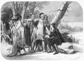 ROGER WILLIAMS RECEIVED BY THE INDIANS.  FROM A DESIGN BY A. H. WRAY.