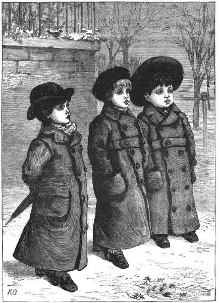 Three children in long coats and big hats