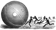 round ball shown about three times the size of the team trying to kick it