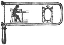 saw and inside loop of saw a silhouette of someone using it and a frame