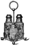 individual salt pepper and mustard bottles in little metal basket