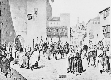 A Proclamation in Granada, by Boabdil.  From a Painting by Placido Francés. National Exhibition of Fine Arts, Madrid, 1884.