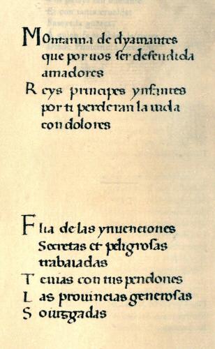 Una página del manuscrito cuyo primer verso es 'Montanna de dyamantes'