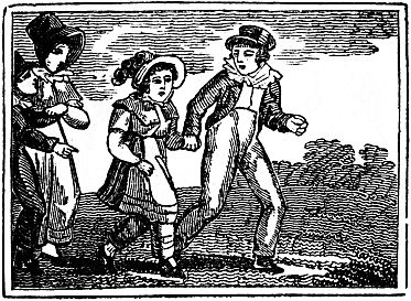 four children running, one boy holding the hand of the littler girl