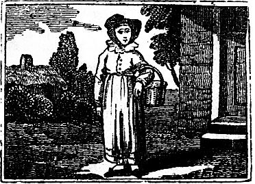 girl with basket standing outside door