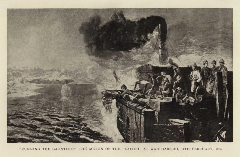 "RUNNING THE GAUNTLET."  THE ACTION OF THE "SAFIEH" AT WAD HABESHI, 14TH FEBRUARY, 1885