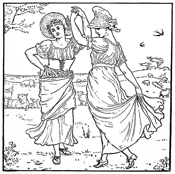 black and white drawing: two maids dancing