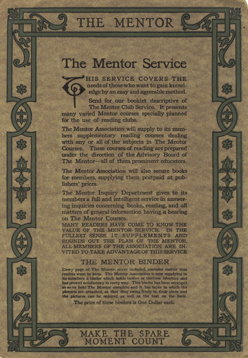 Back cover page: The Mentor Service