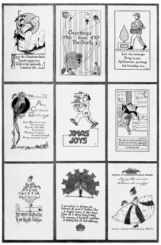 Plate 8  A Page of Christmas Cards in which a semi-humorous element has been incorporated. Cards like these often create a pleasant variation from the more formal ones. These were designed by high school students.