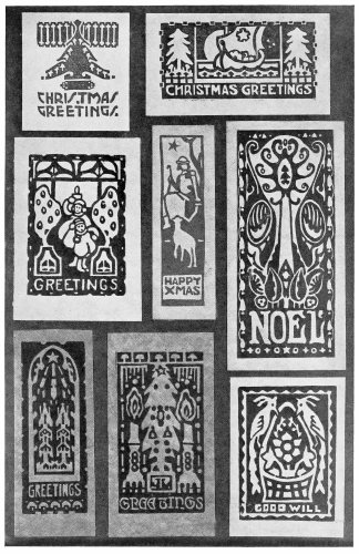 Plate 9  Strong, Well Massed Designs like these are well adapted to work in cut linoleum. If printed in a deep gray or brown and hand colored with light washes of transparent color they make an unusually rich looking card.